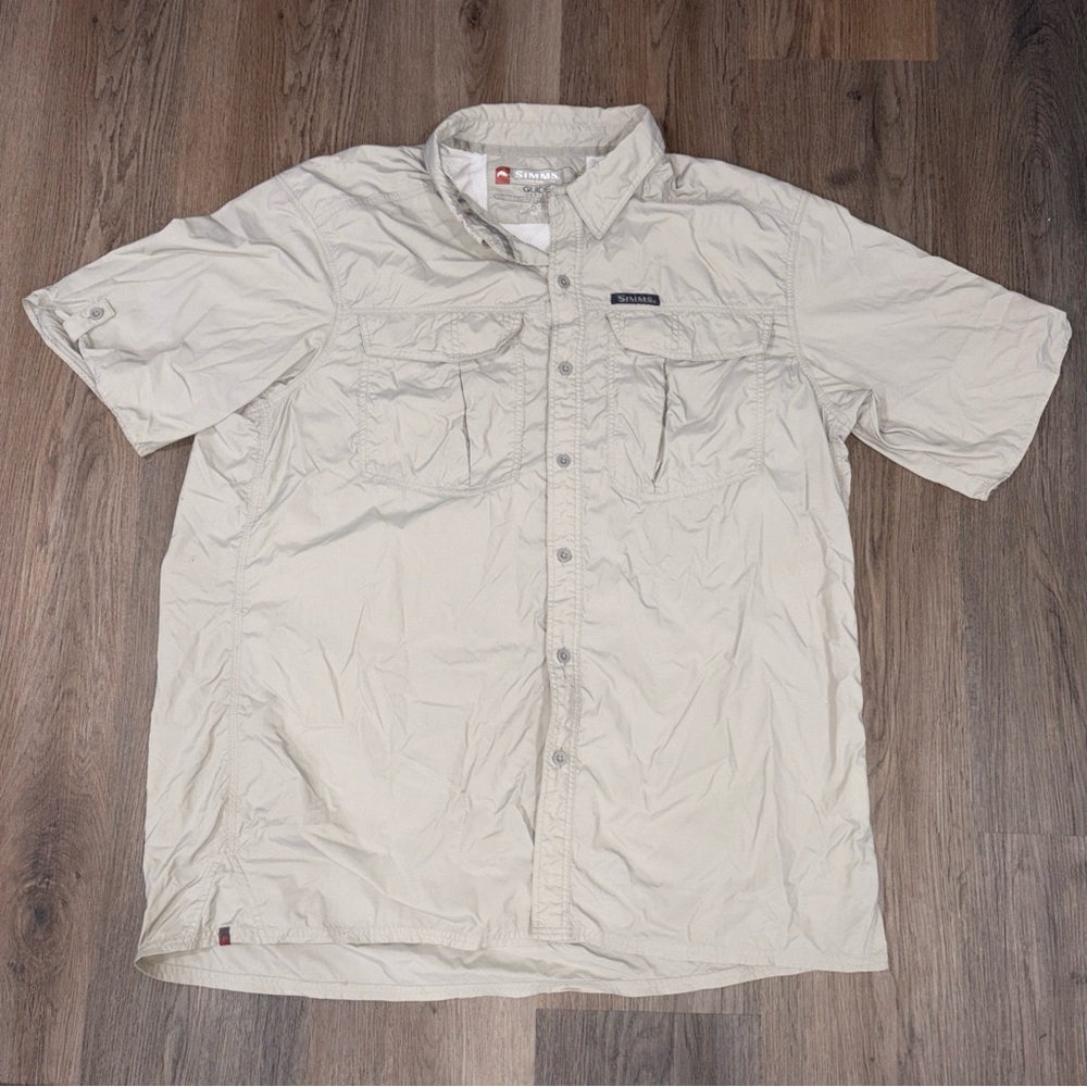 Simms Guide Series Shirt Mens Sz L Khaki Fishing Short Sleeve Button Up Vented